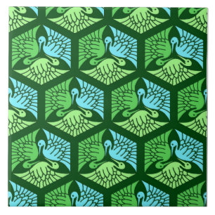 Azulejo De Cerâmica Gruas japonesas, verde-jade e azul-claro