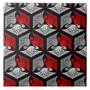 Azulejo De Cerâmica Gruas japonesas, vermelhas, Cinzas/Cinzas e pretas