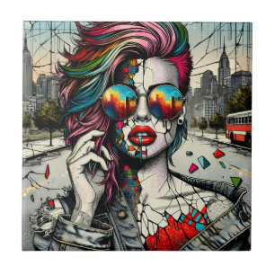 Azulejo De Cerâmica Grunge Art Fraturada Abstrato de Mulher