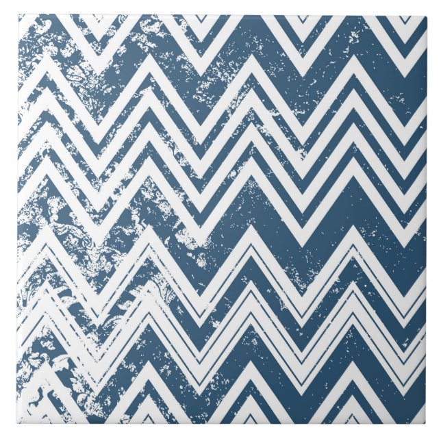 Azulejo De Cerâmica Grunge azul e branco Chevron (Frente)
