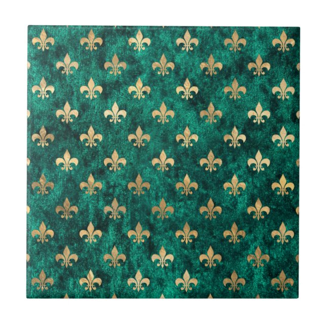 Azulejo De Cerâmica Grunge Green Velvet Fleur De Lis Mardi Gras (Frente)