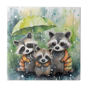 Azulejo De Cerâmica Guaxinins Fofos na Chuva