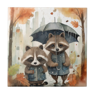 Azulejo De Cerâmica Guaxinins Fofos na Chuva