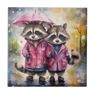 Azulejo De Cerâmica Guaxinins Fofos na Chuva