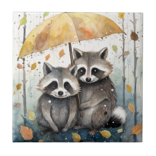 Azulejo De Cerâmica Guaxinins Fofos na Chuva