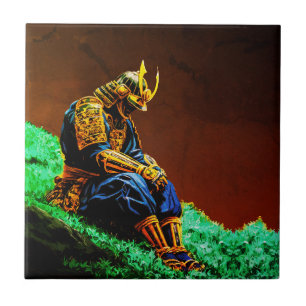 Azulejo De Cerâmica Guerreiro Samurai em Armadura Dourada – Épico Japo