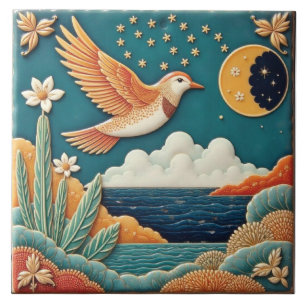 Azulejo De Cerâmica Guia do Pássaro e da Lua Crescente