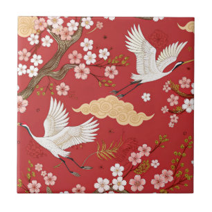 Azulejo De Cerâmica Guindaste Coroa Vermelha Sakura Padrão (2)