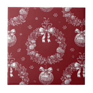 Azulejo De Cerâmica Guirlanda de Natal Toile em Vermelho Escuro