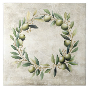 Azulejo De Cerâmica Guirlanda de oliveira em aquarela com textura fals