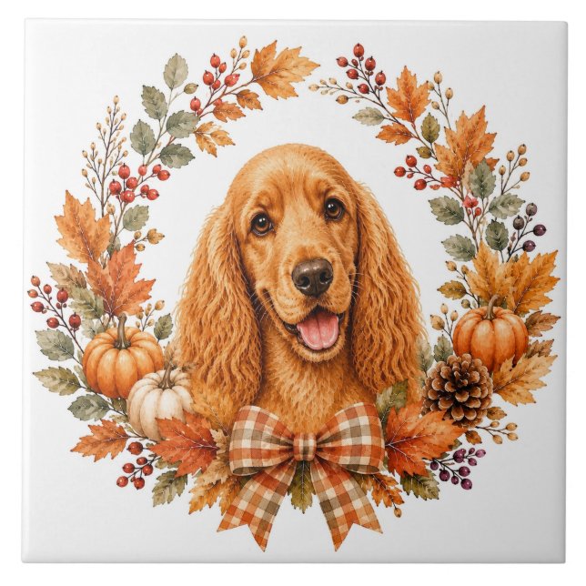 Azulejo De Cerâmica Guirlanda de Outono do Cocker Spaniel (Frente)