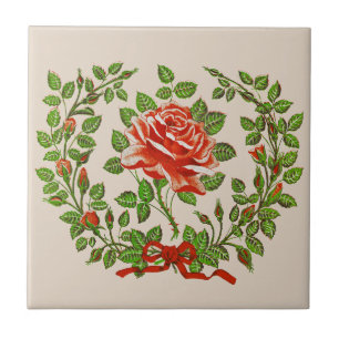 Azulejo De Cerâmica Guirlanda de Rosa Vermelha Vintage Arte Floral de