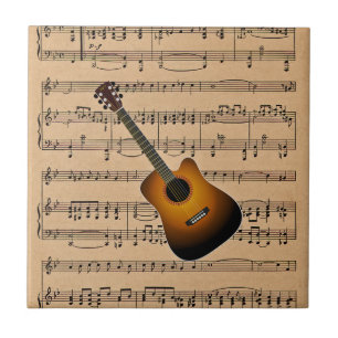 Azulejo De Cerâmica Guitarra acústica com fundo da partitura