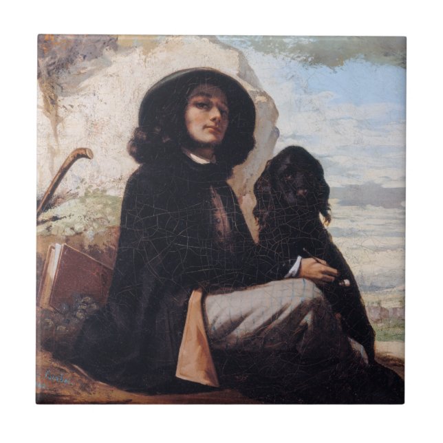 Azulejo De Cerâmica Gustave Courbet - Autorretrato com um Cachorro Neg (Frente)
