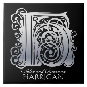 Azulejo De Cerâmica H Monograma "Silver Lace on Black" com Azulejo de