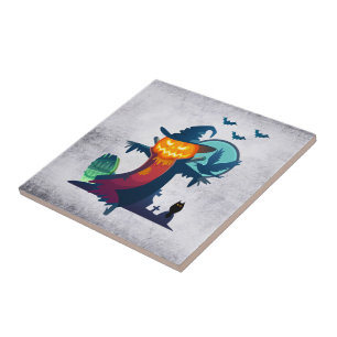 Azulejo De Cerâmica Halloween Assombrado A Espantalho Com Morcegos e C