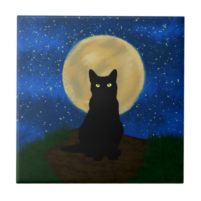 Azulejo De Cerâmica Halloween Black Cat Moonlit Silhouette  (Frente)