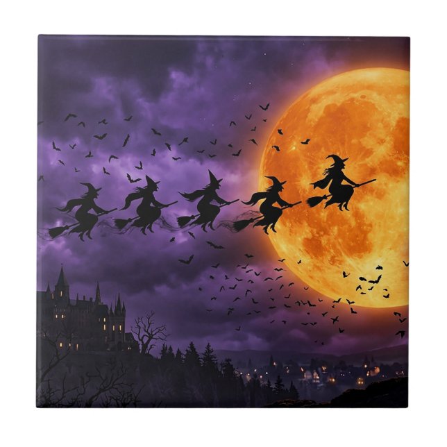 Azulejo De Cerâmica Halloween com Lua e Bruxa (Frente)