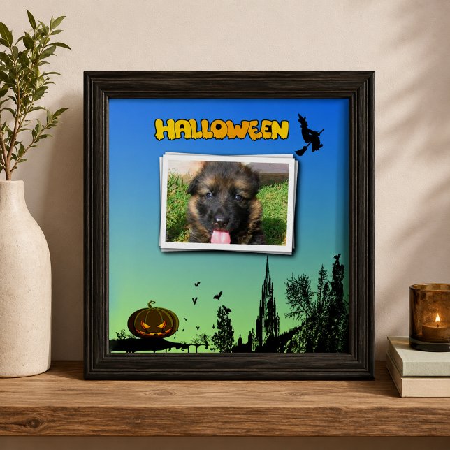 Azulejo De Cerâmica Halloween Dusk com Witch Adicionar Fotografia (Halloween Dusk with Witch Add Photo Frame Ceramic Tile)
