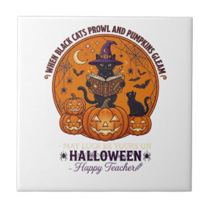 Azulejo De Cerâmica Halloween Feliz Professor Gato Preto Chapéu de Bru
