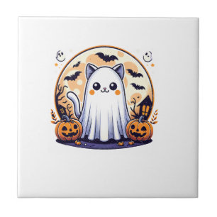 Azulejo De Cerâmica Halloween_ Gato Fofo em Fantasia de Fantasma Desen