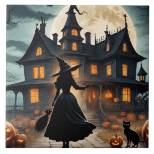 Azulejo De Cerâmica Halloween Haunted House and Witch