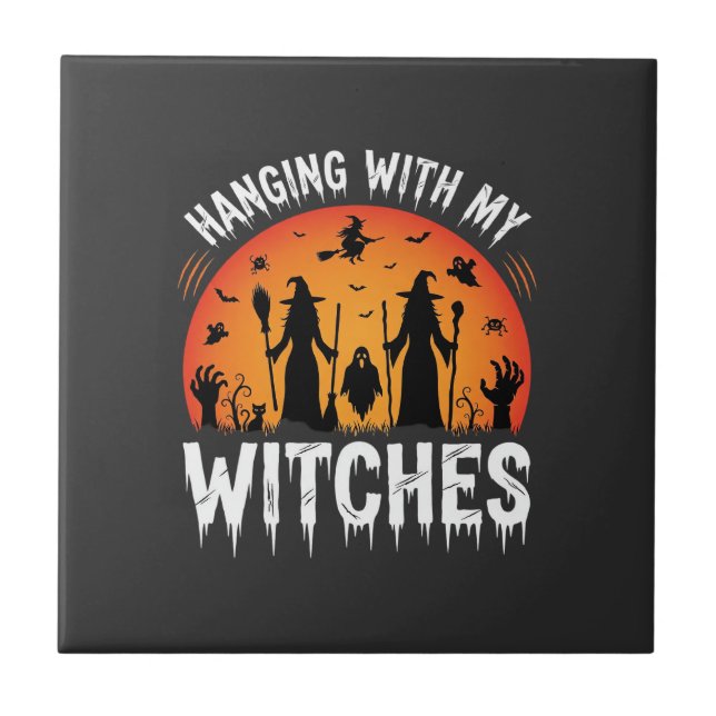 Azulejo De Cerâmica Halloween Pendurado Com Minhas Bruxas Lua Antiga (Frente)