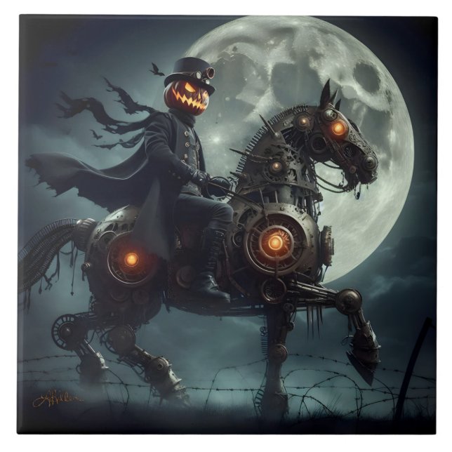 Azulejo De Cerâmica Halloween Steampunk Cavaleiro Sem Cabeça (Frente)