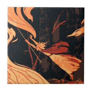 Azulejo De Cerâmica Halloween Vintage, Bruxa Má com Fogo na Floresta