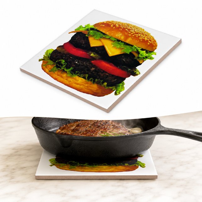 Azulejo De Cerâmica Hamburger Duplo Deluxe com Queijo (Double Deluxe Hamburger with Cheese Tile)