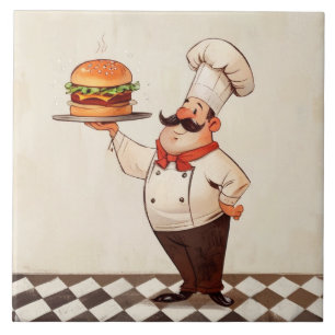 Azulejo De Cerâmica Hambúrguer do Chef Alegre: Cozinheiro Apresenta Co
