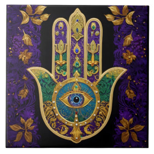 Azulejo De Cerâmica Hamsa Terceiro Olho Dourado Ornamentado