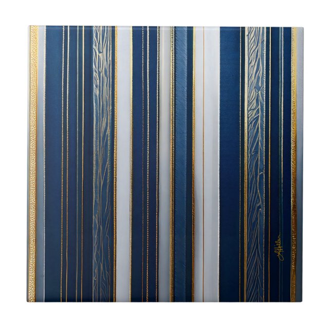 Azulejo De Cerâmica Hanukkah Blues Stripes Azul Branco Dourado (Frente)
