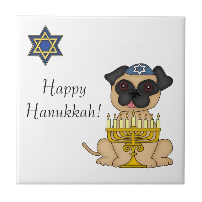 Azulejo De Cerâmica Hanukkah-Pug Cão com Menorah (Frente)