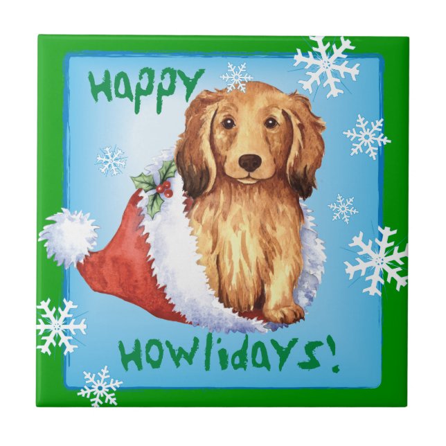 Azulejo De Cerâmica Happy Howliday Longhaired Dachshund (Frente)