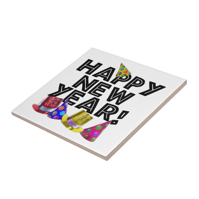 Azulejo De Cerâmica Happy New Year - Black Text with Party Hats (Lateral)