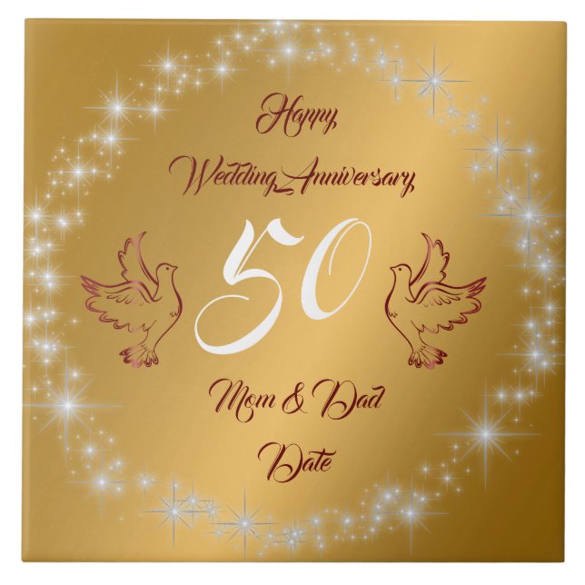 Azulejo De Cerâmica Happy Sparkly Customize Gold 50th Anniversary (Frente)