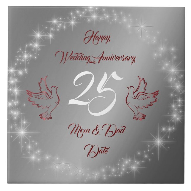Azulejo De Cerâmica Happy Sparkly Customize Silver 25th Anniversary (Frente)