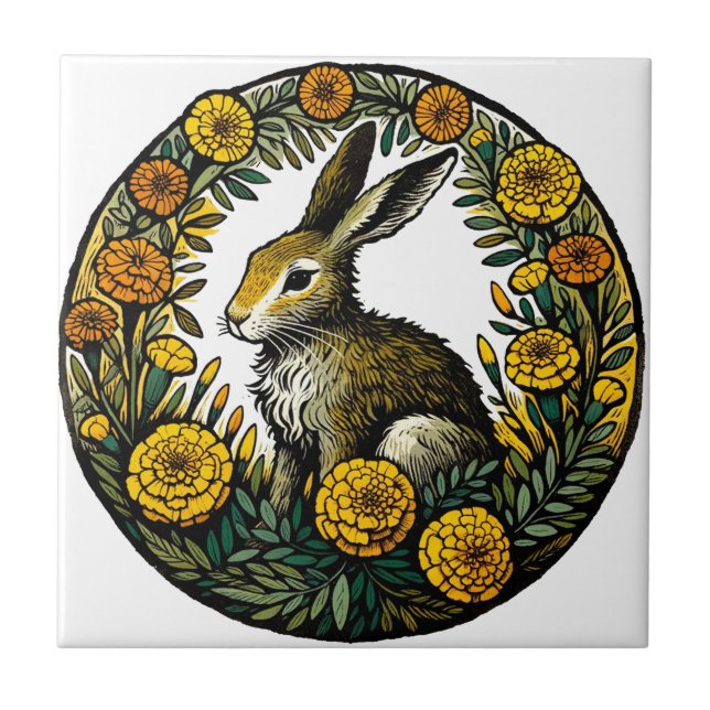 Azulejo De Cerâmica Hare e Marigolds (Frente)