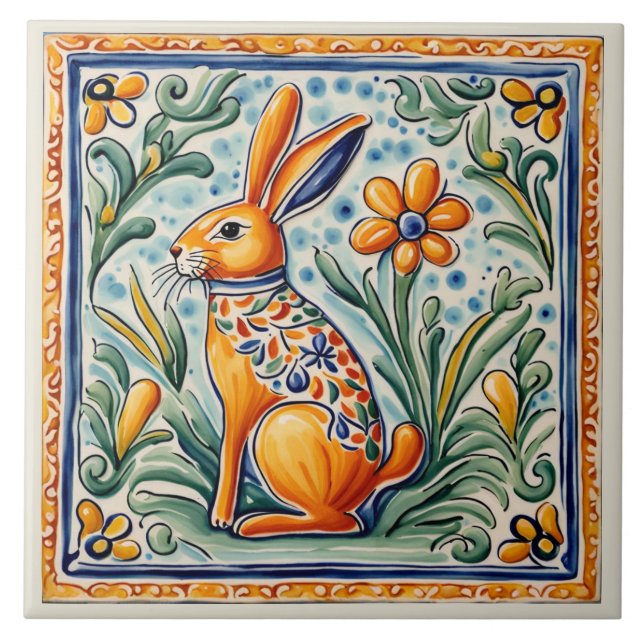 Azulejo De Cerâmica Hare Rabbit Mediterrâneo Coelhinhos Folha Arte Ani (Frente)
