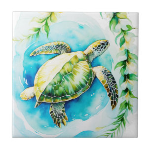 Azulejo De Cerâmica Havaiana Honu com Plumeria & Maile Watercolor