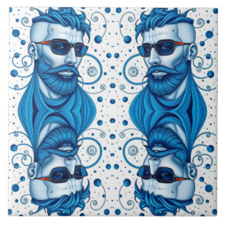 Azulejo De Cerâmica Head Of Bearded Blue Alien With Glasses Sci-Fi Art