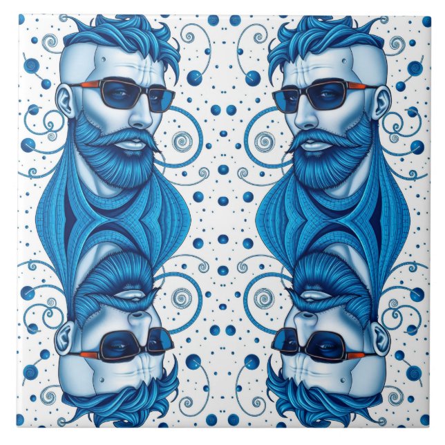 Azulejo De Cerâmica Head Of Bearded Blue Alien With Glasses Sci-Fi Art (Frente)