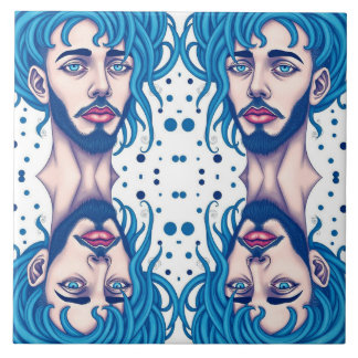 Azulejo De Cerâmica Head Of Bearded Blue Haired Alien Sci-Fi Art