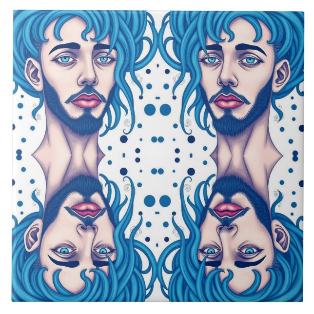 Azulejo De Cerâmica Head Of Bearded Blue Haired Alien Sci-Fi Art (Frente)