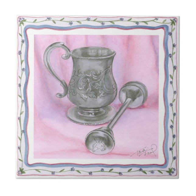 Azulejo De Cerâmica Heirloom Cup e Rattle no fundo roxo (Frente)