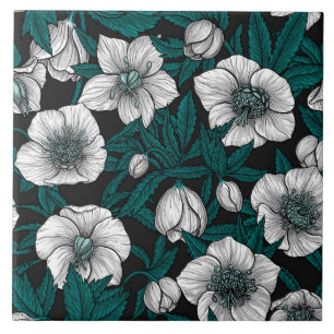 Azulejo De Cerâmica Hellebores brancos com folhas azuis