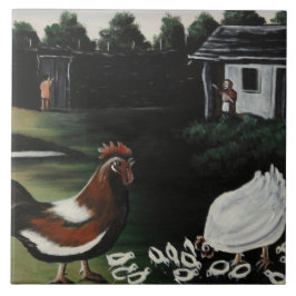 Azulejo De Cerâmica Hen with her Chicks in a Rural Farmyard Landscape