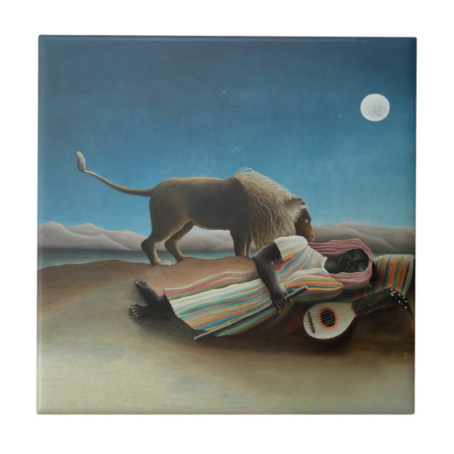 Azulejo De Cerâmica Henri Rousseau Sleeping Gypsy Lion Painting (Frente)