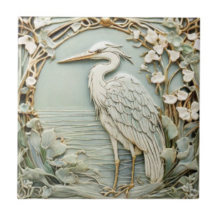 Azulejo De Cerâmica Heron Sea Bird Art Nouveau Faux Alivio